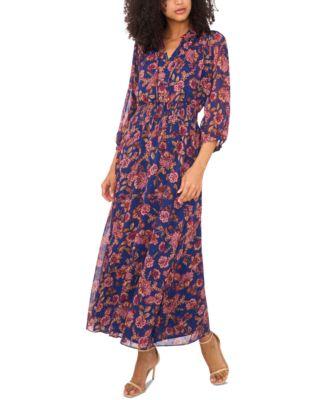 vince camuto womens printed tie neck puff sleeve maxi dress