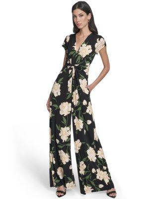 vince camuto womens printed twist front v neck jumpsuit