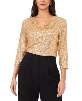 vince camuto womens sequined cowlneck 3 4 sleeve top