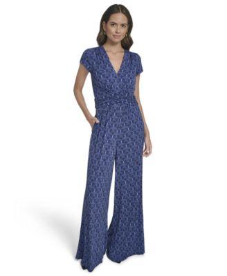 vince camuto womens v neck printed shirred front jumpsuit