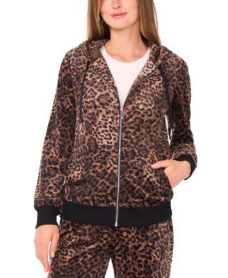 vince camuto womens velour animal print zip front hoodie jacket