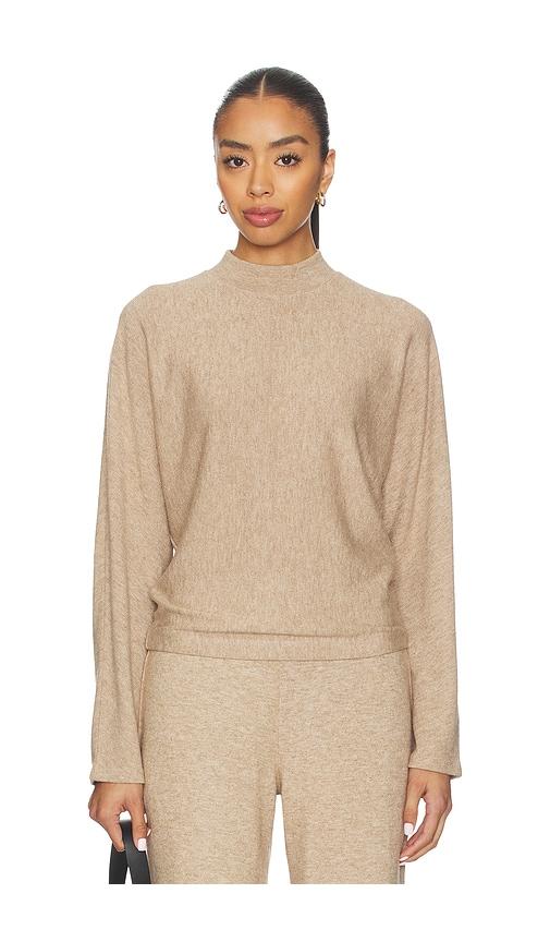 vince cozy dolman mock neck pullover in beige.