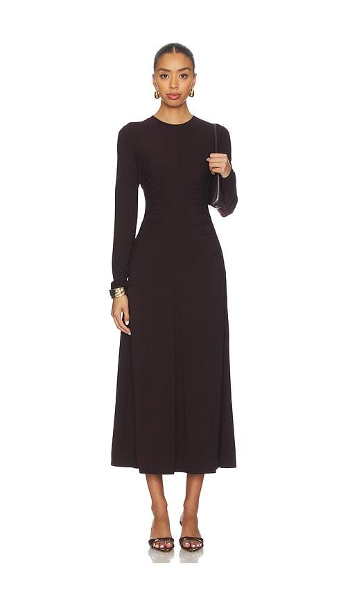 vince curved seam rouched dress in purple.