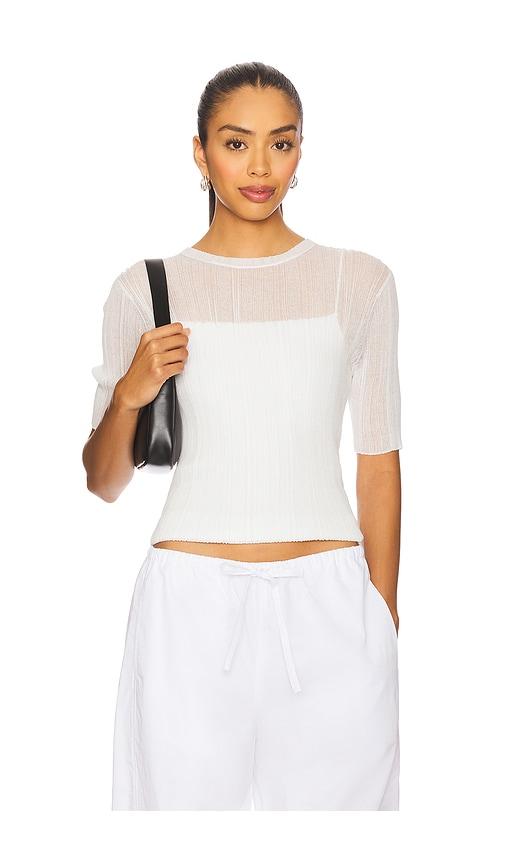vince double layer rib elbow sleeve top in white.