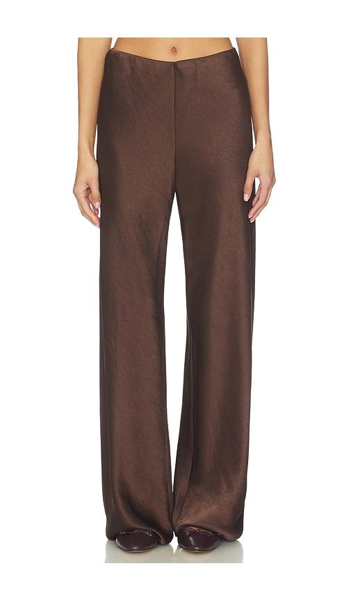vince high waist fluid satin bias pant in brown.