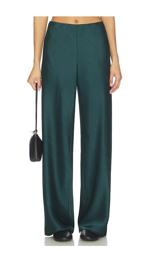 vince high waist fluid satin bias pant in dark green.