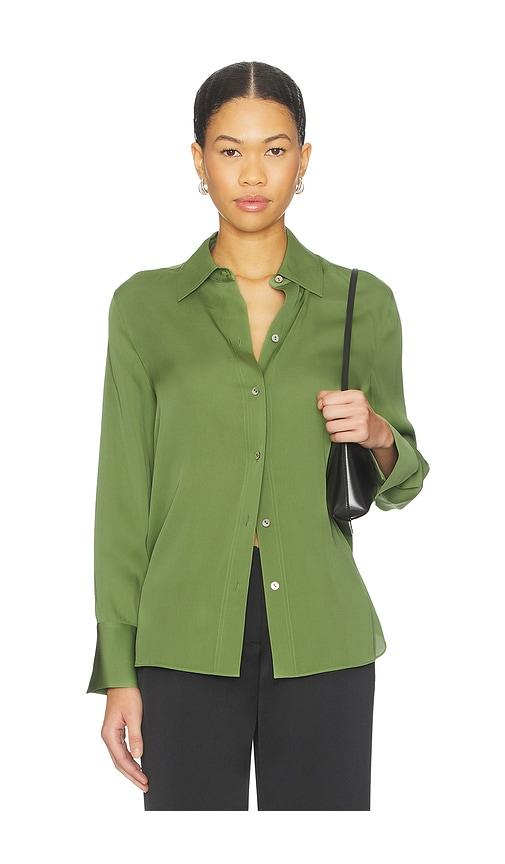 vince long sleeve button down blouse in green.