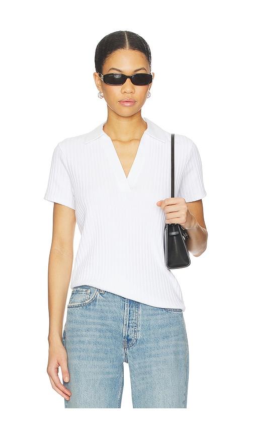 vince rib short sleeve polo in white.