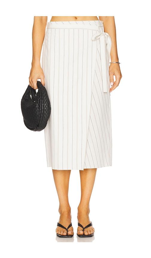 vince seedling stripe wrap skirt in white.