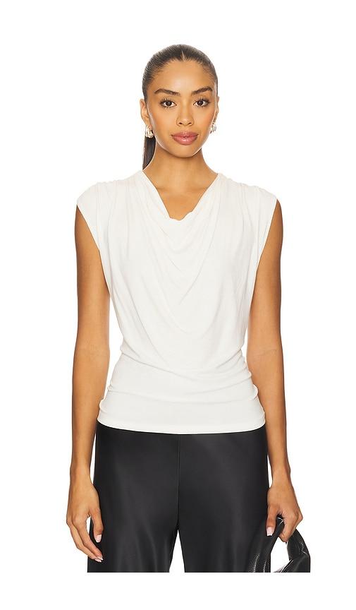 vince sleeveless draped cowl neck top in white.