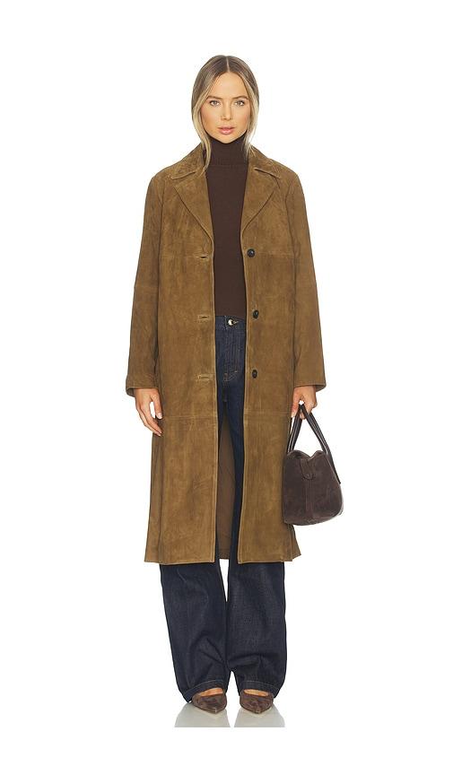 vince suede leather long coat in brown.