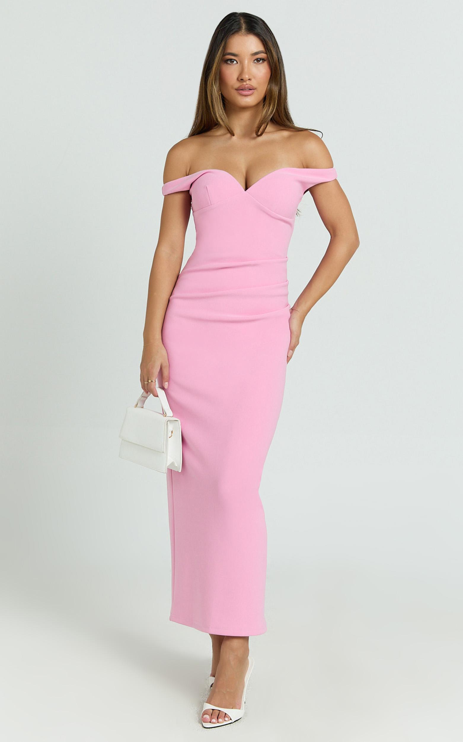 vinnie midi dress - off shoulder bustier side tuck fitted dress in pink
