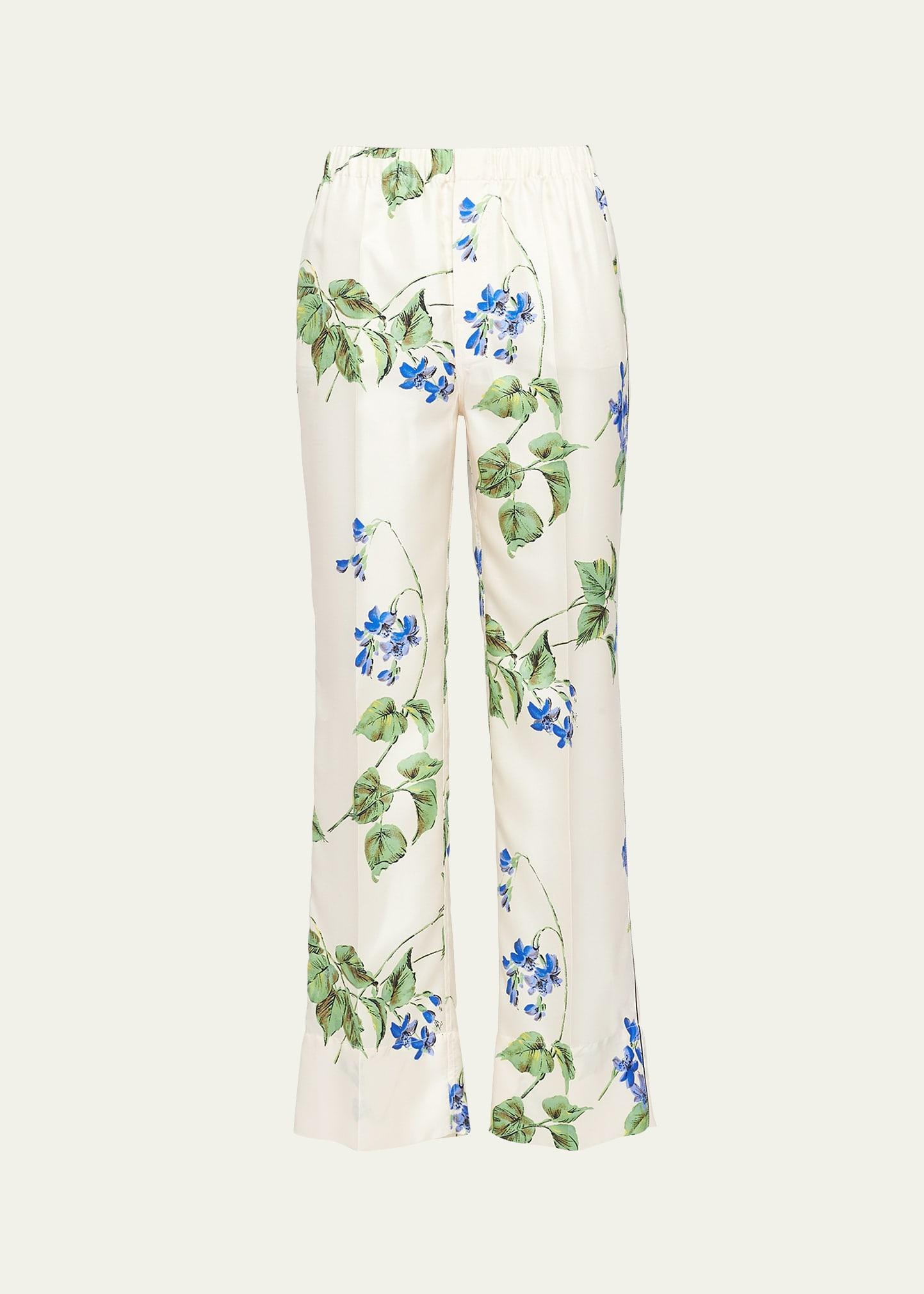 viola-print bootcut silk pants