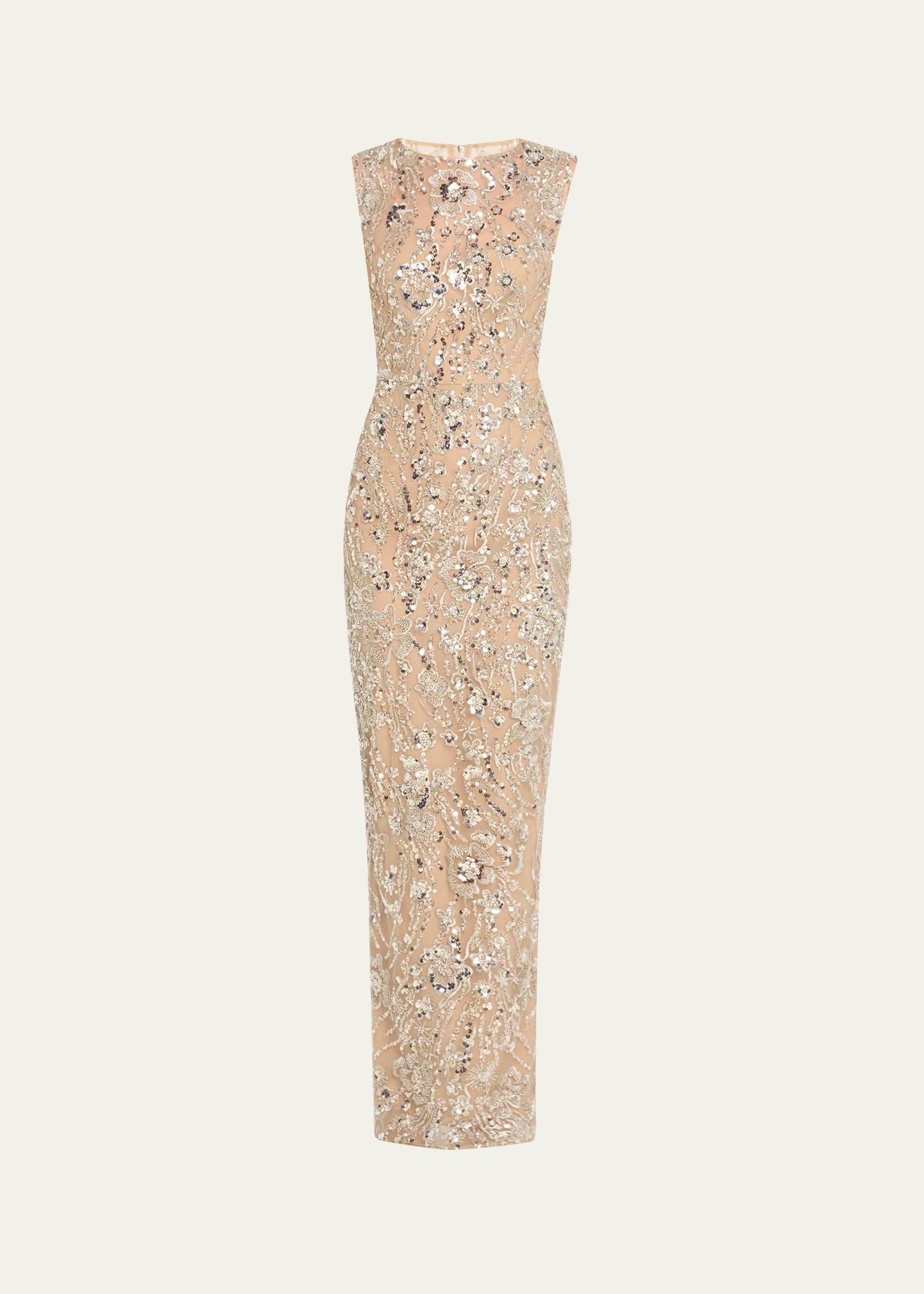violet bead & sequin floral-embroidered gown