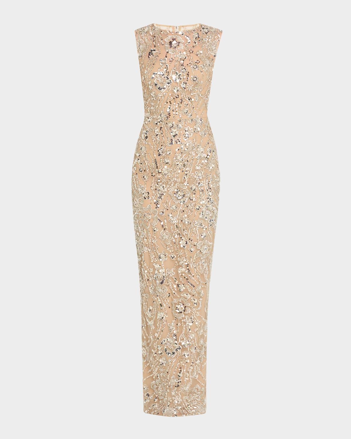 violet bead & sequin floral-embroidered gown