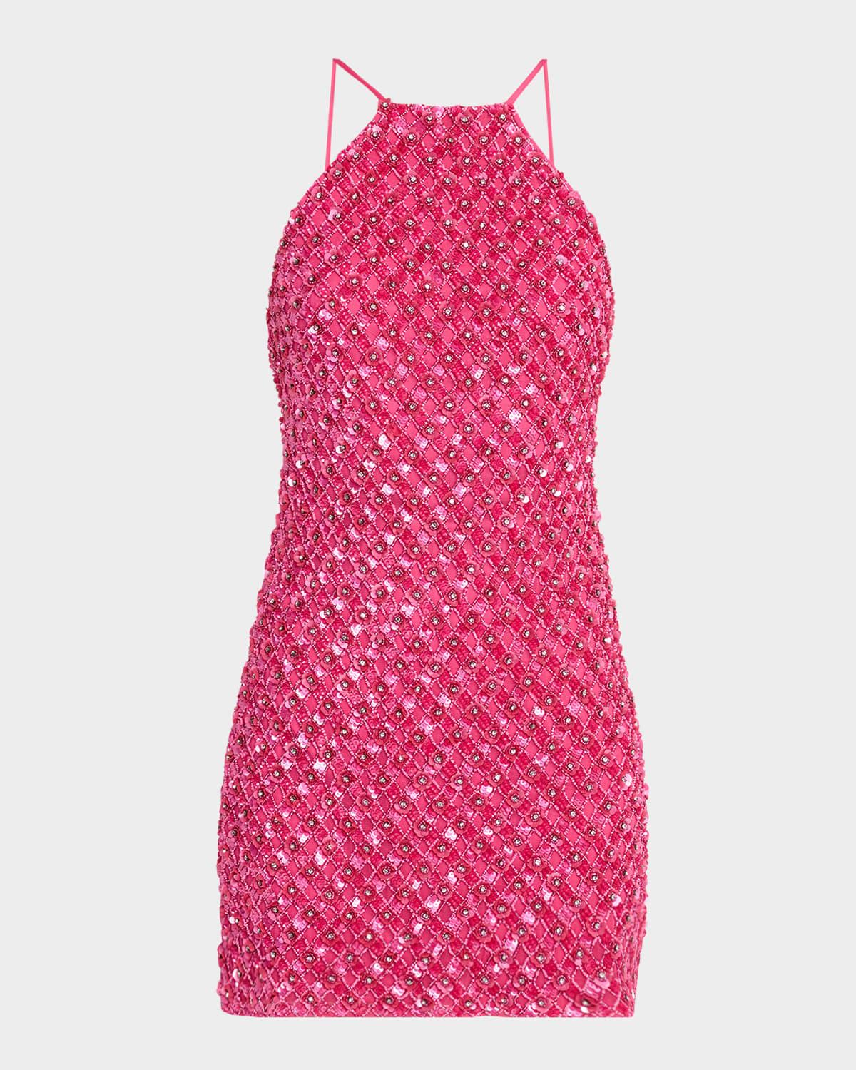 violet beaded low-back halter mini dress