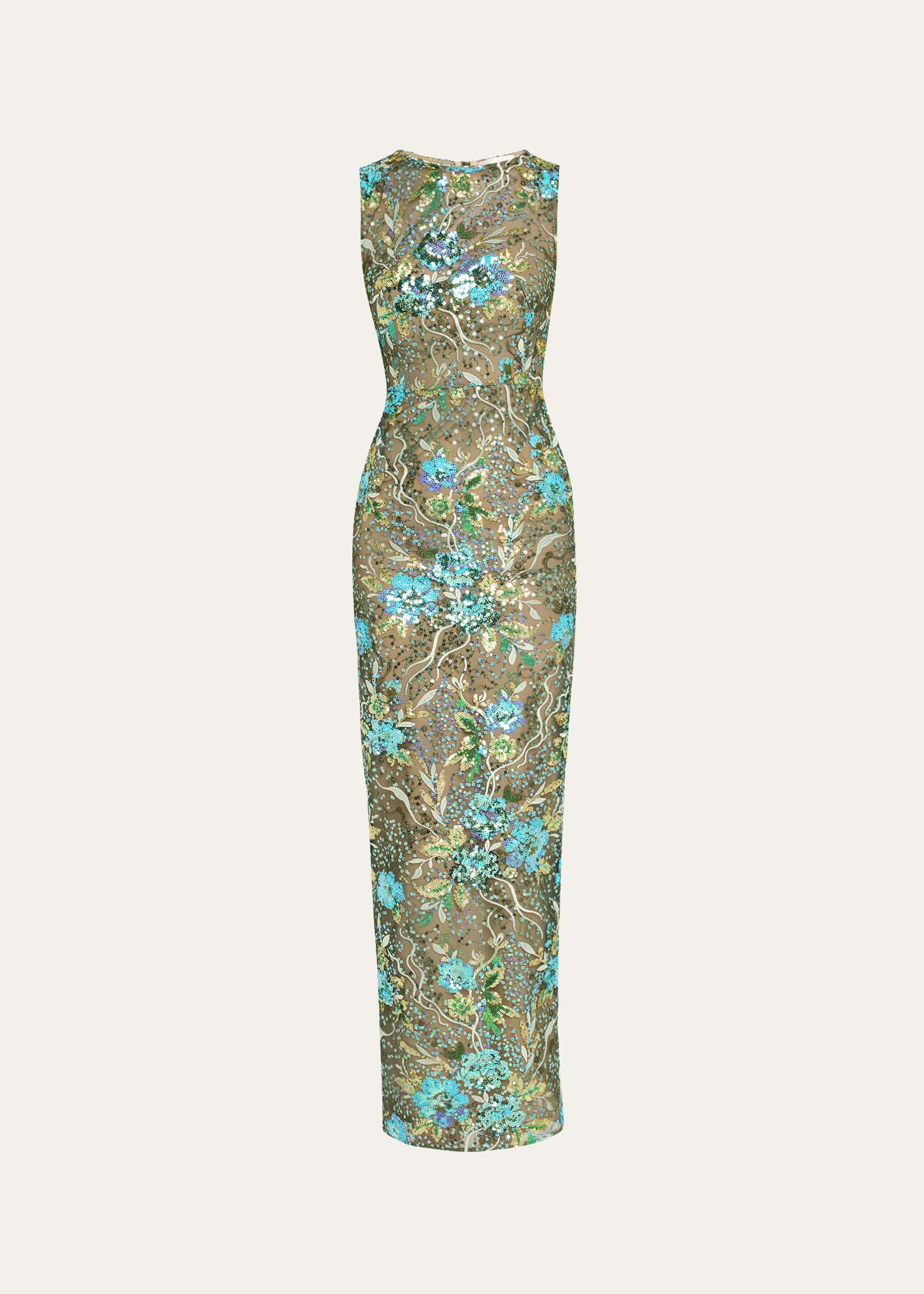 violet floral sequin column gown