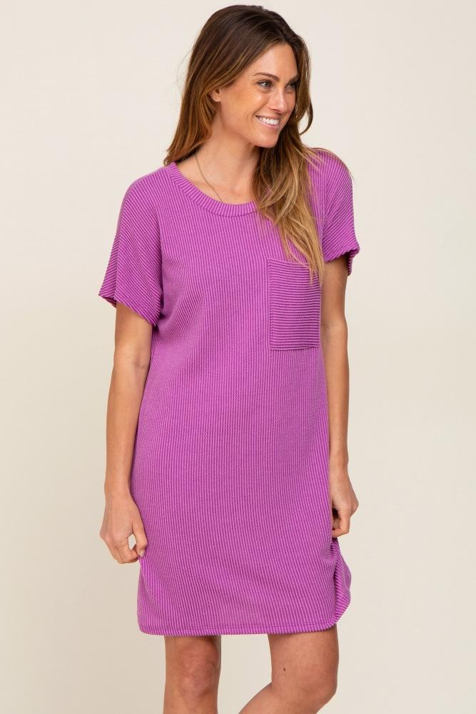 violet ribbed front pocket dolman short sleeve dress