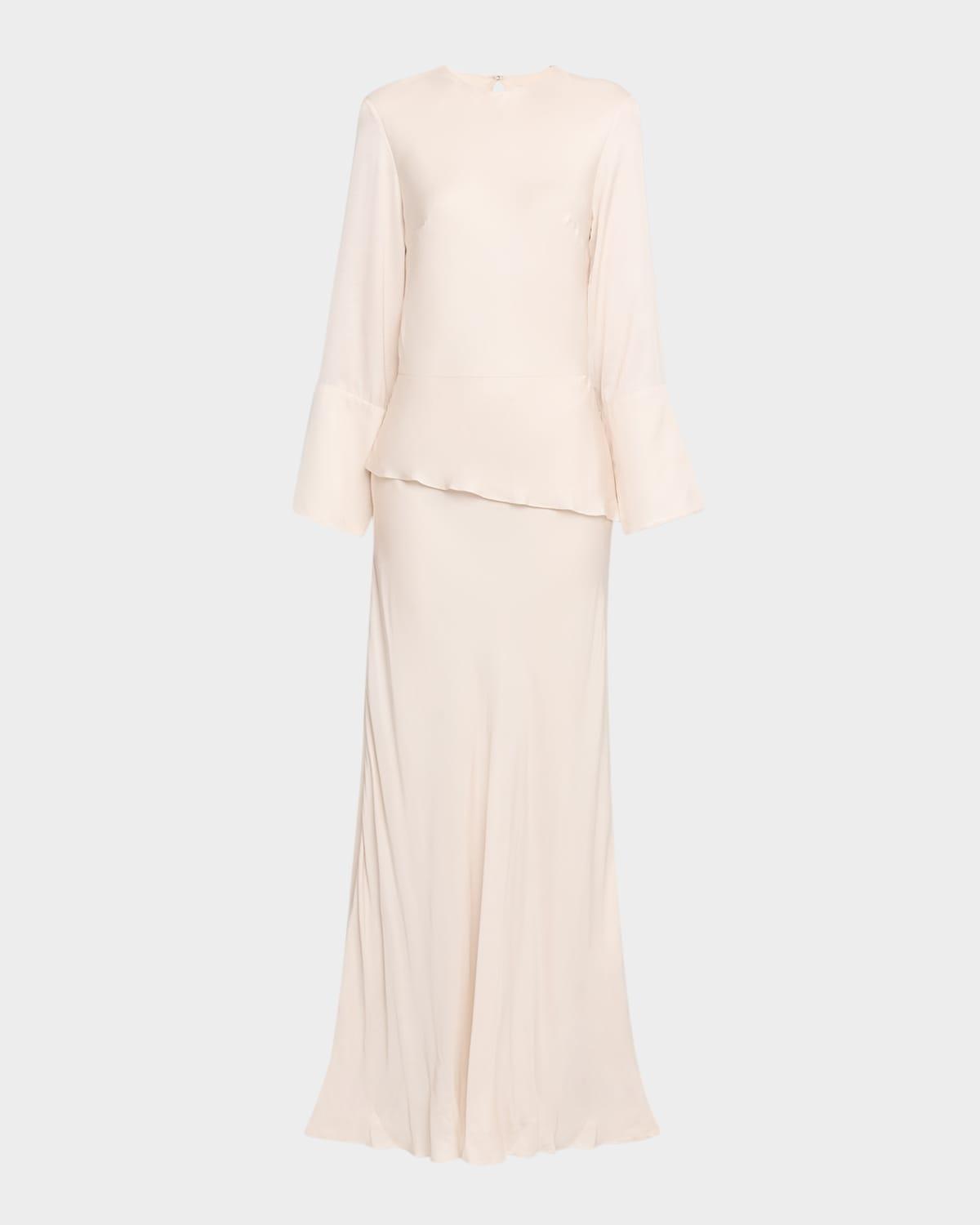 violet satin long-sleeve dress
