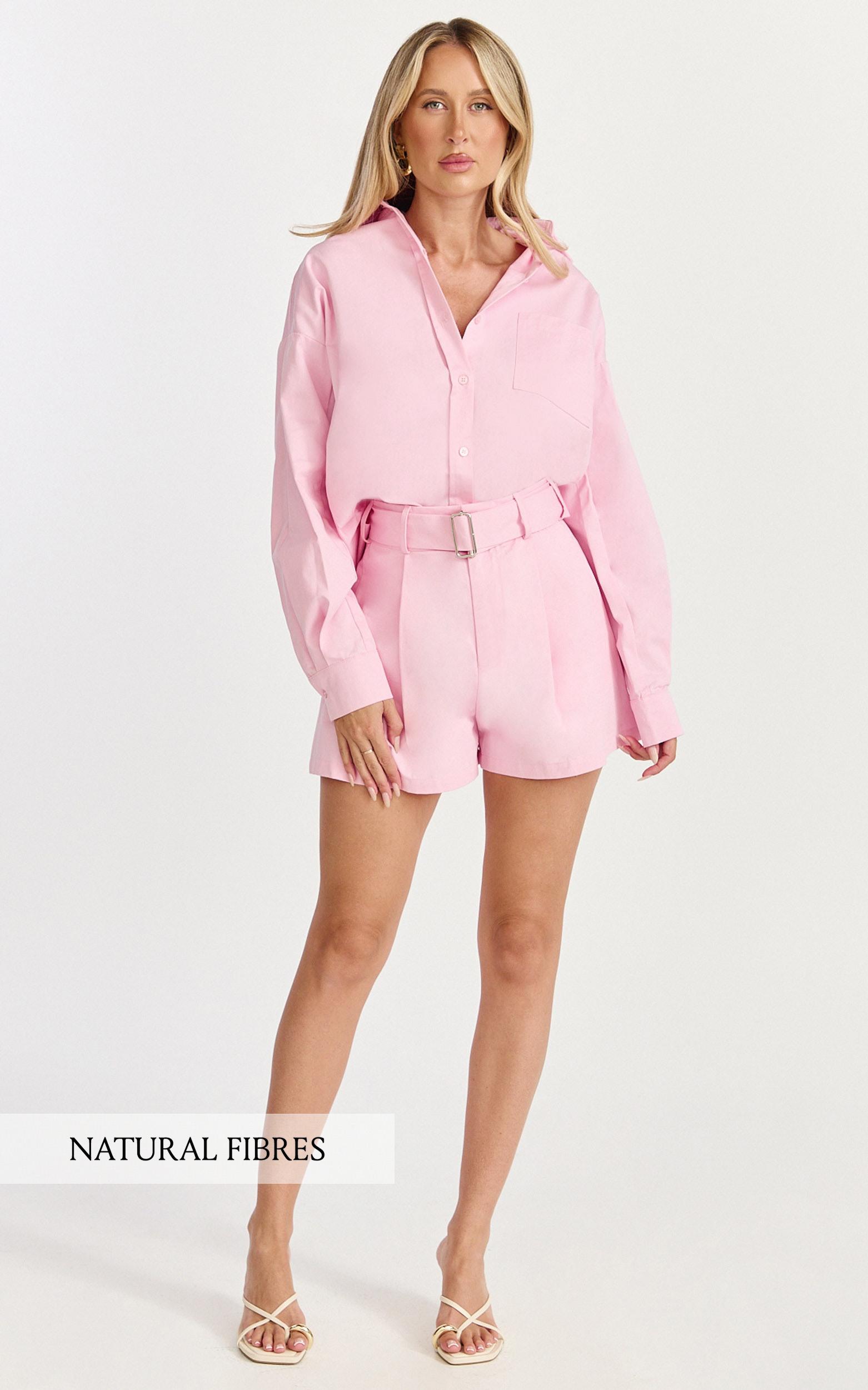 violet shorts - high waist belted shorts in pale pink