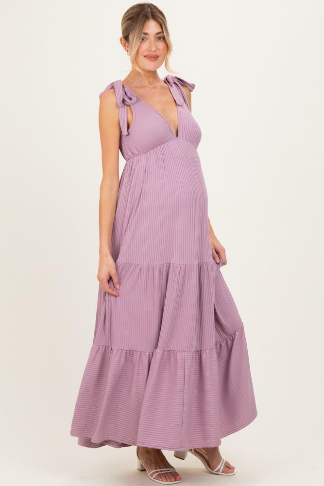 violet shoulder tie ribbed tiered maternity maxi dress