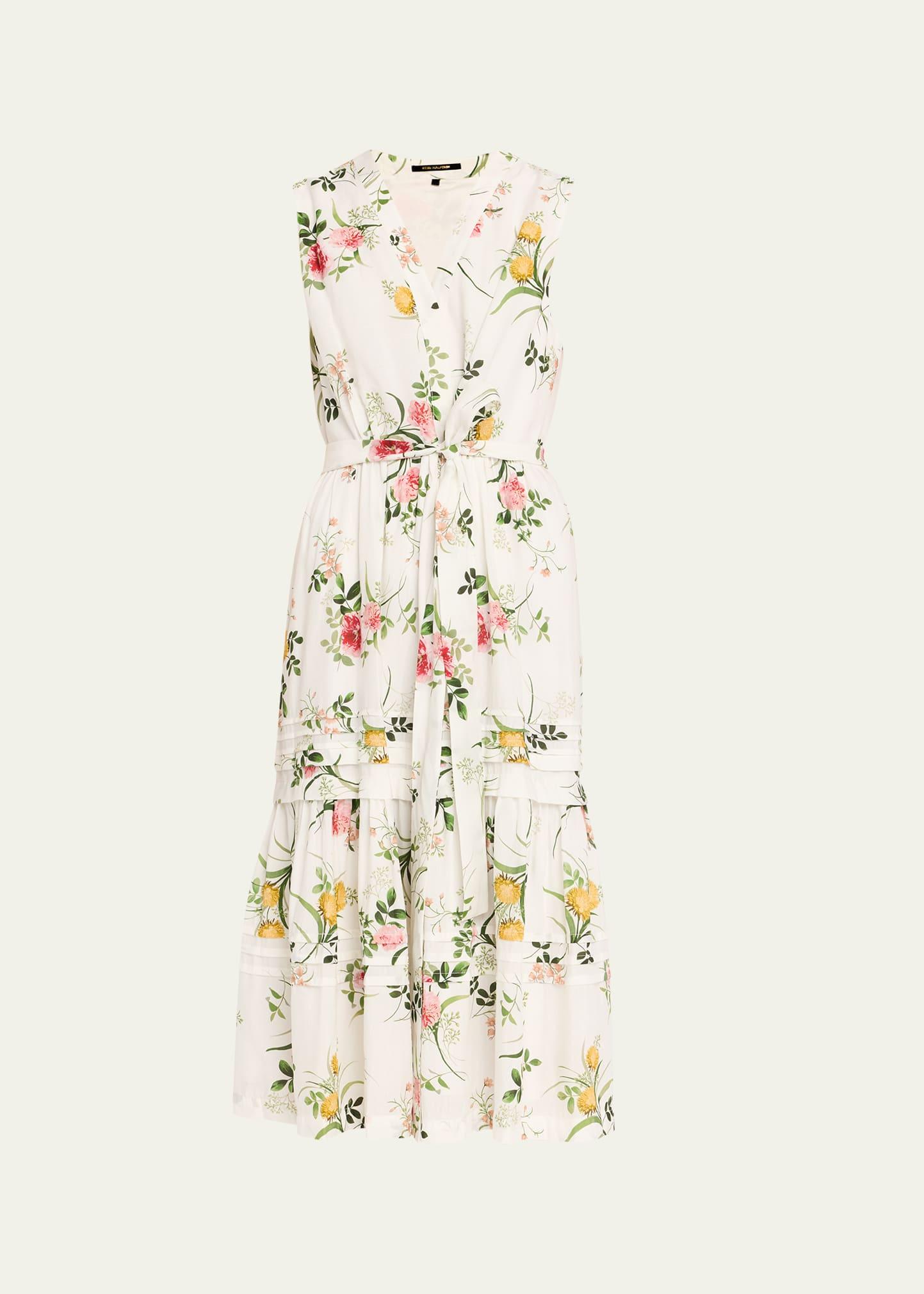 violet tiered floral-print midi dress