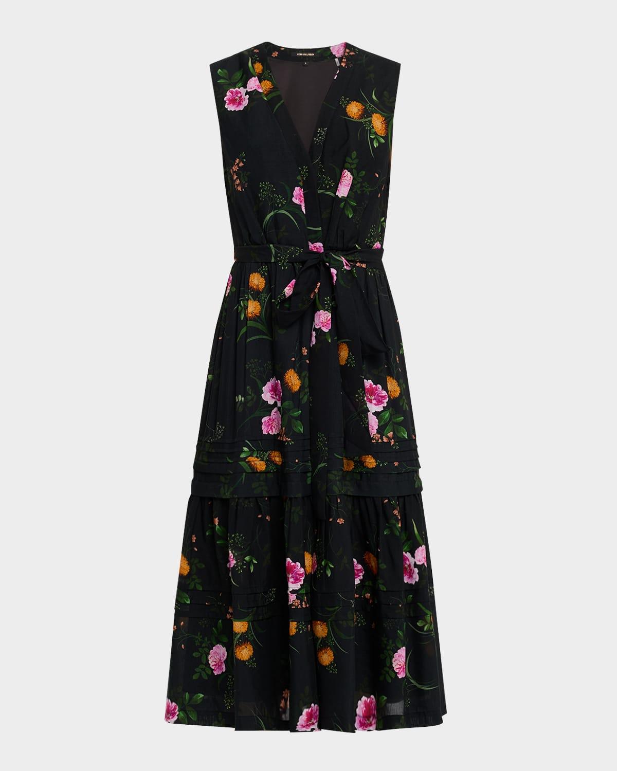 violet tiered floral-print midi dress