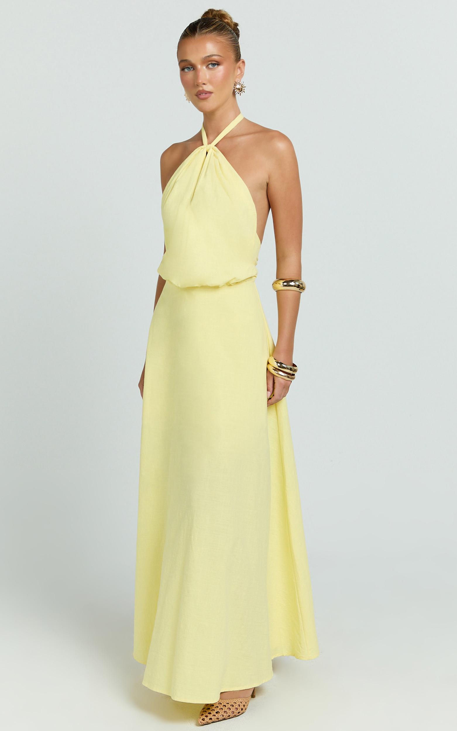 violetta maxi dress - backless linen look hater neck dress in lemon