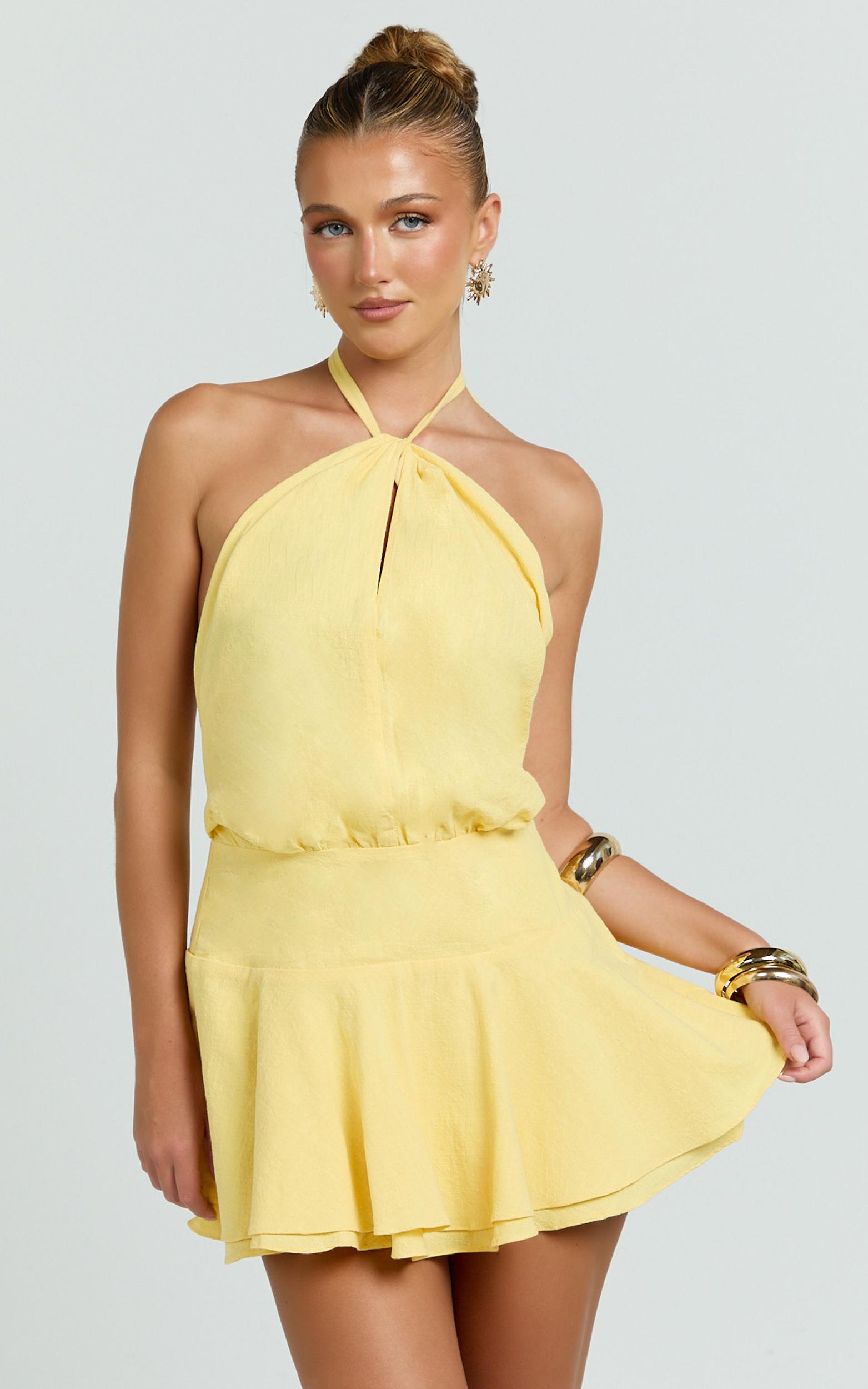 violetta mini dress - halter neck dropped waist fit and flare dress in lemon