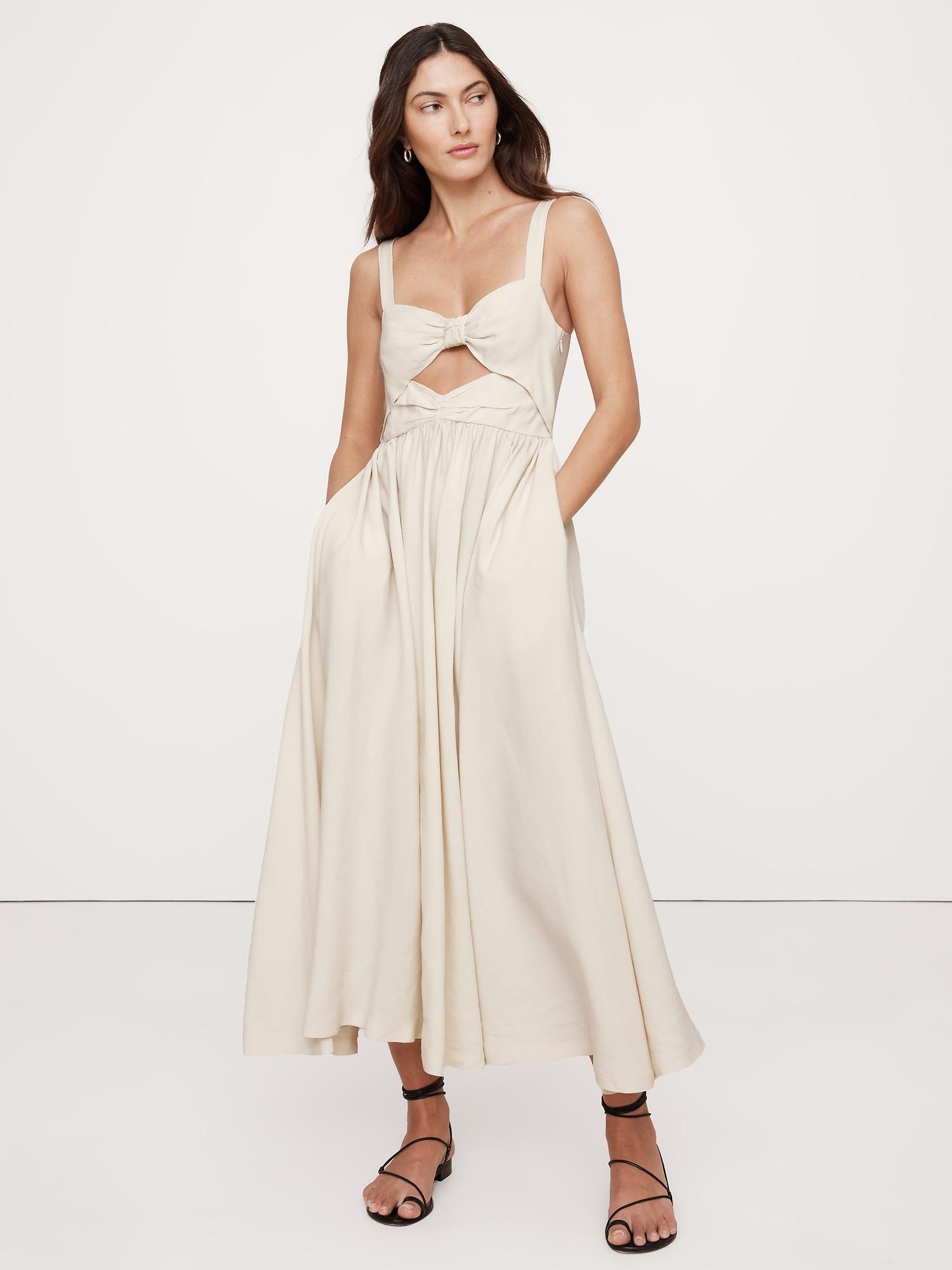 viscose-linen dupioni bow-front maxi dress