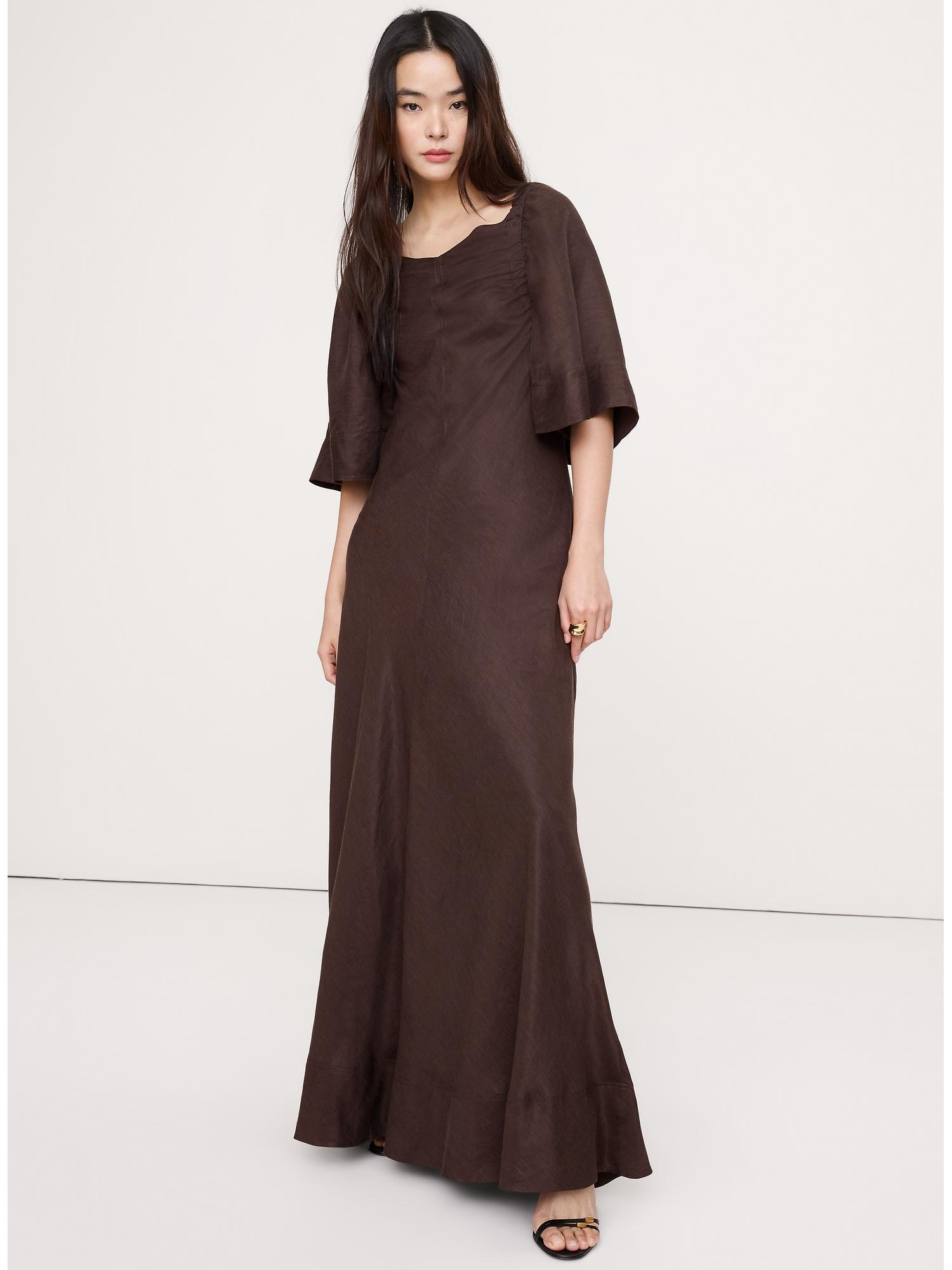 viscose-linen flutter-sleeve maxi dress