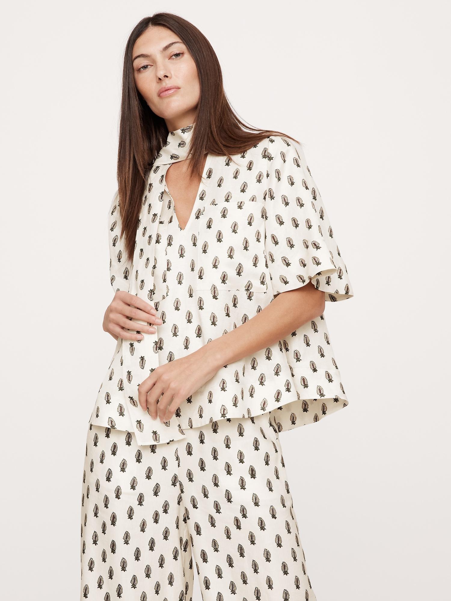 viscose-linen tie-neck top