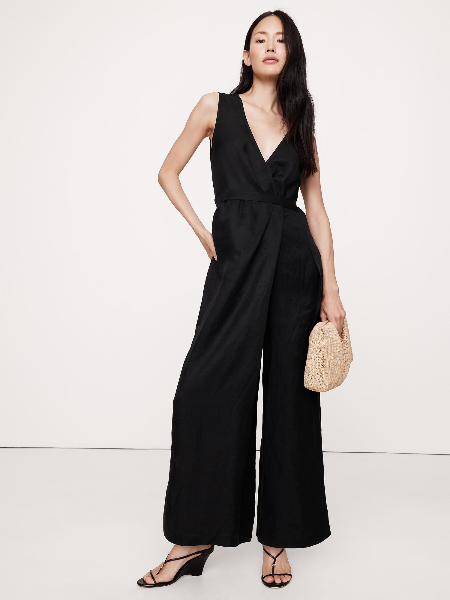 viscose-linen wrap-front jumpsuit