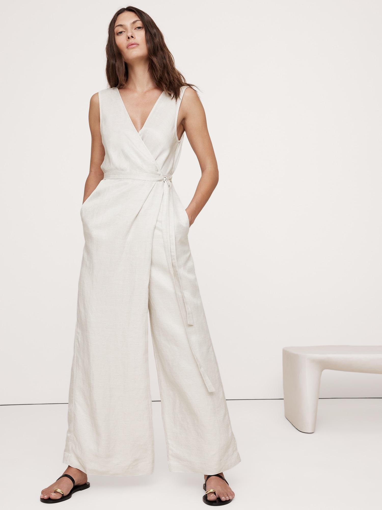viscose-linen wrap-front jumpsuit