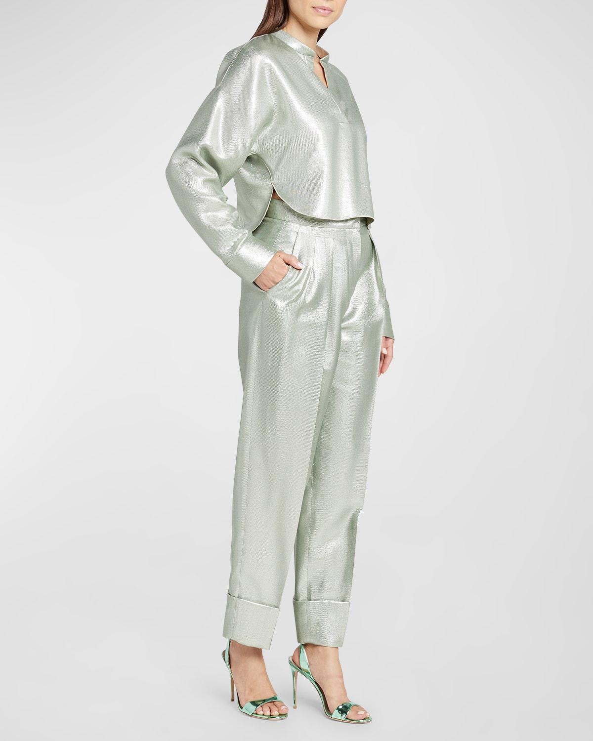 viscose textured metallic collared crop blouse