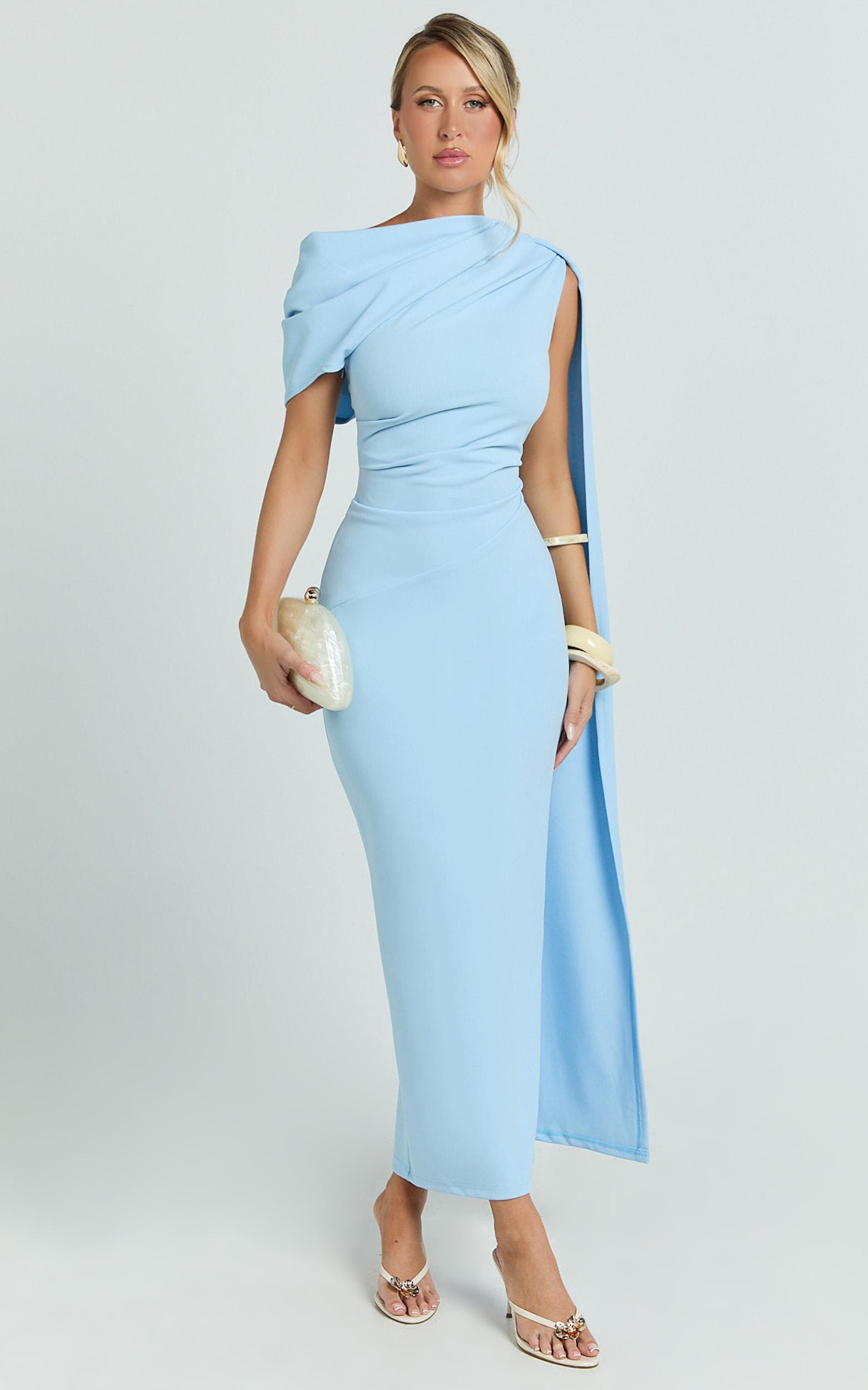 visenta midi dress - asymmetrical sleeve dress in blue