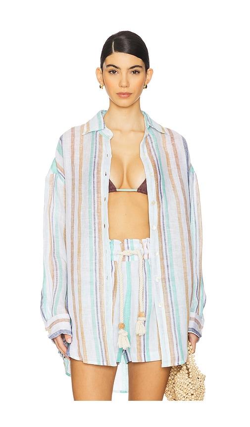 vitamin a playa linen boyfriend shirt in blue.