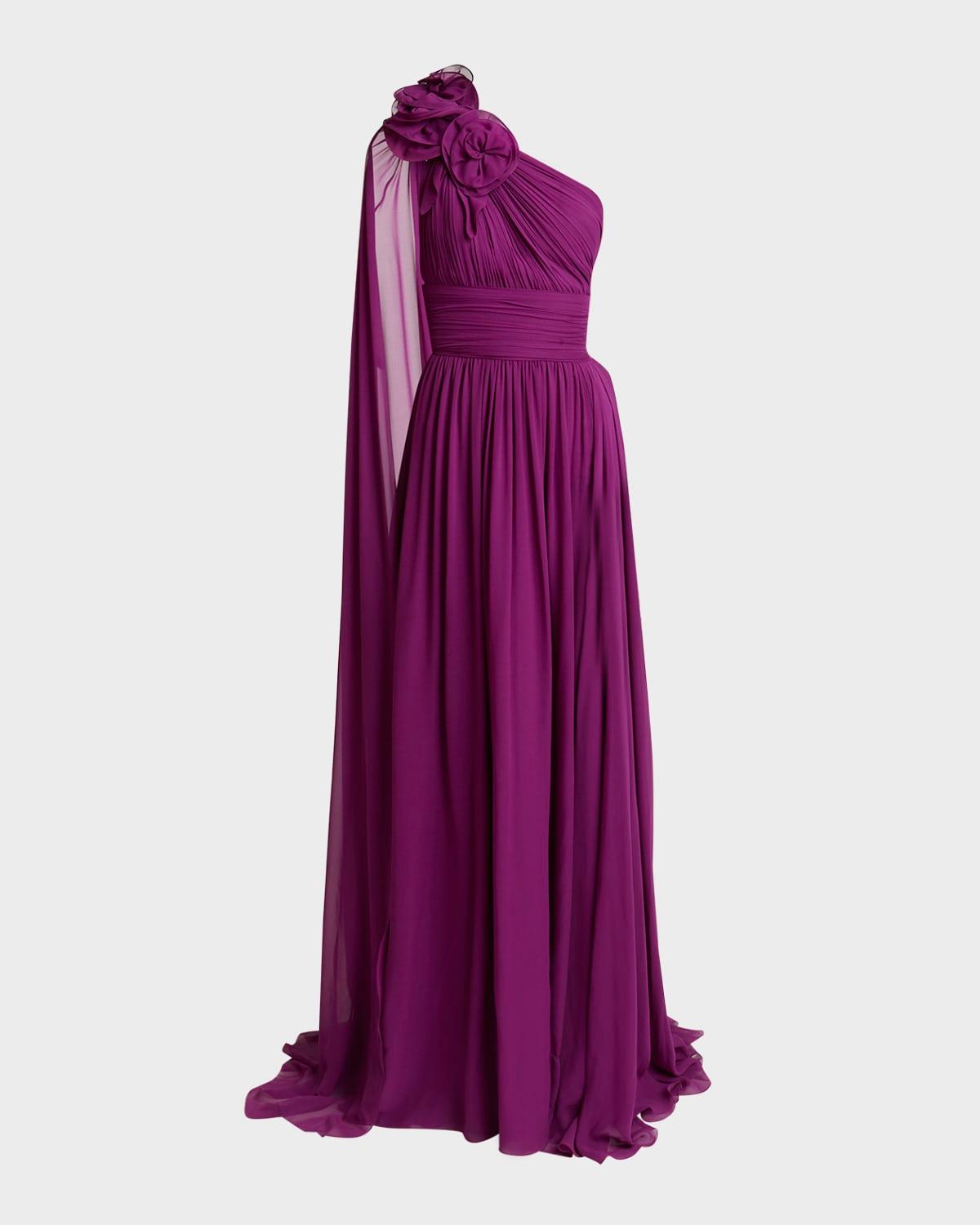 viva las vegas flower one-shoulder silk gown