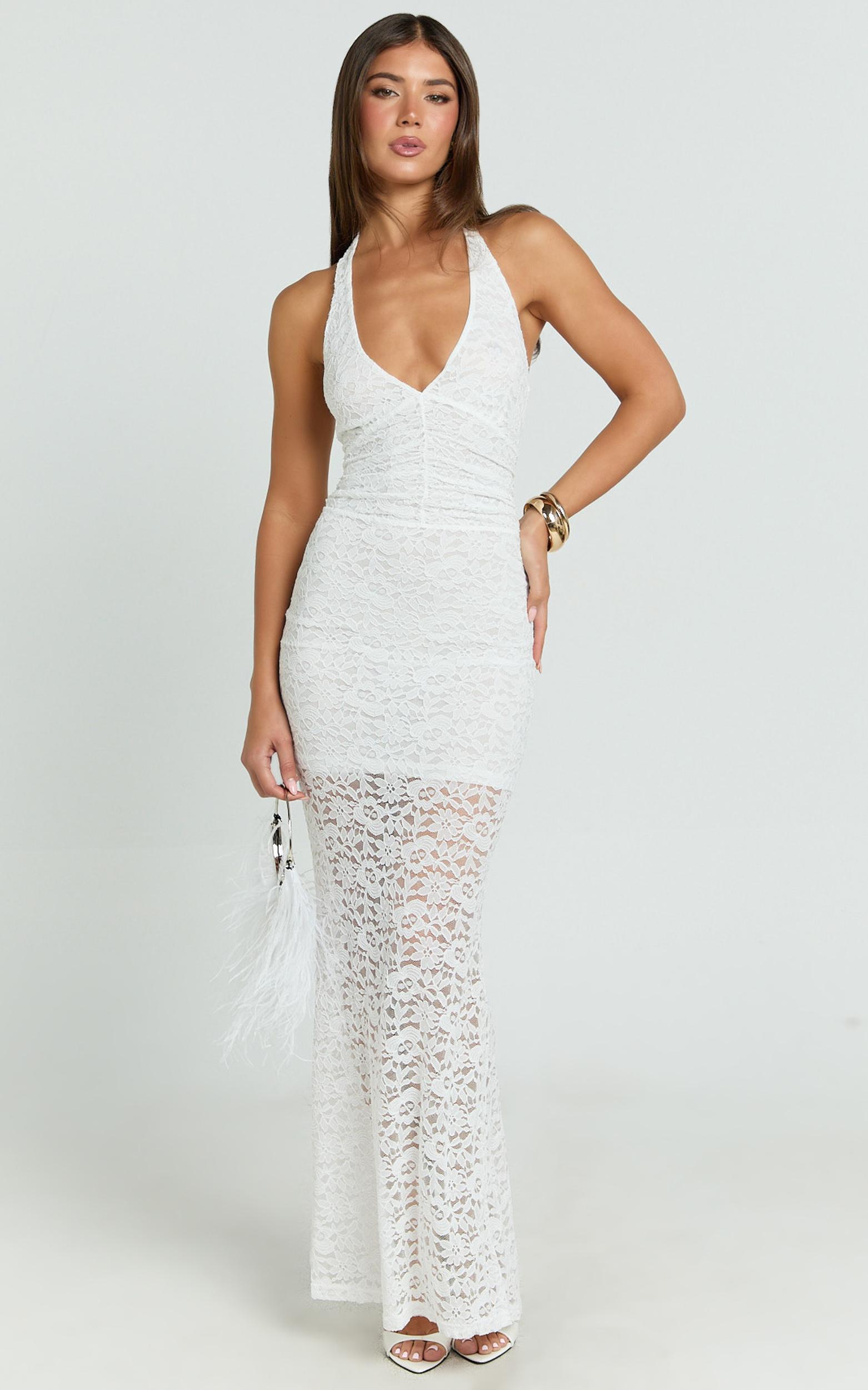 vivette maxi dress - lace plunge keyhole front bodycon dress in ivory