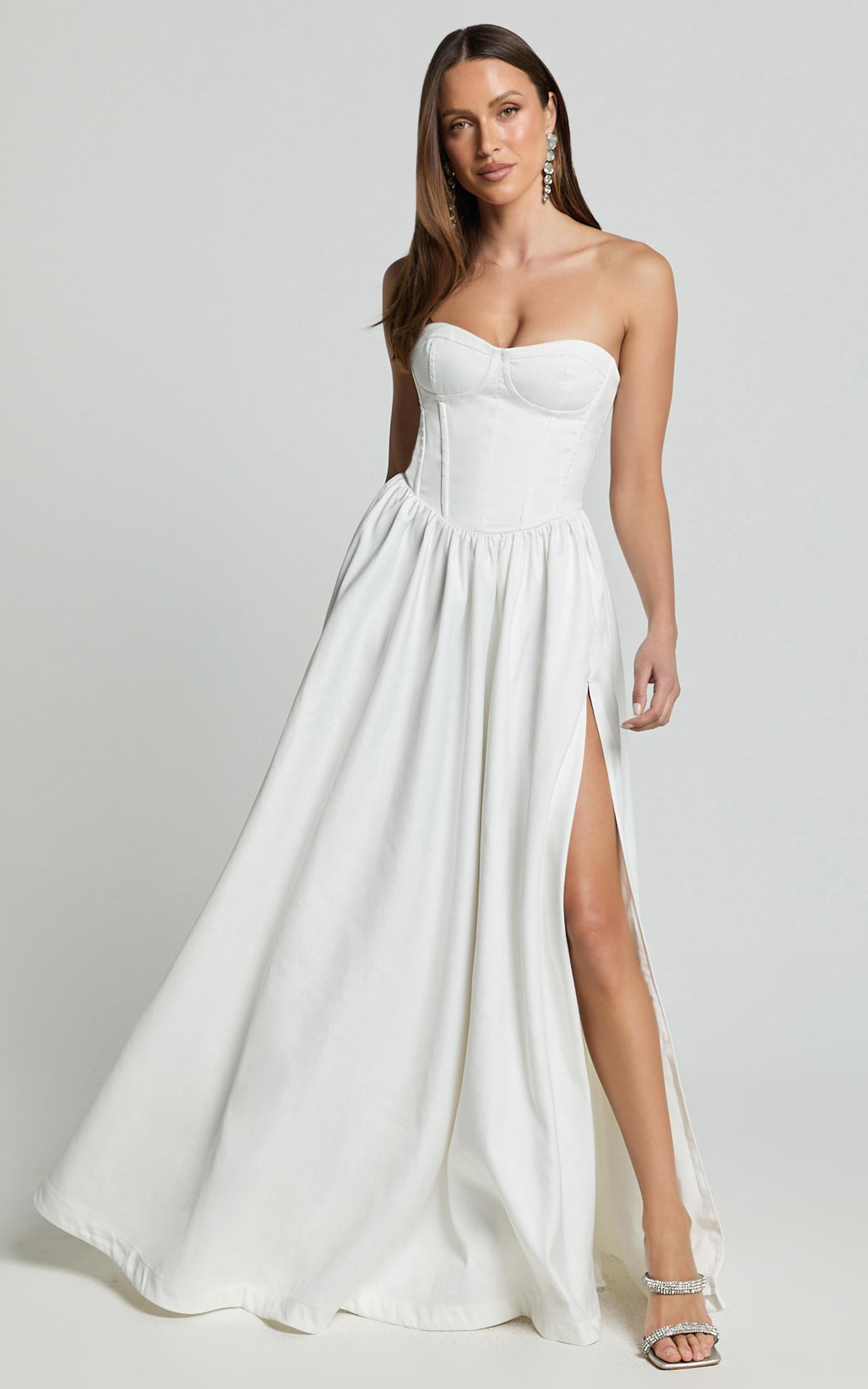 vivian maxi dress - strapless corset front split dress in ivory