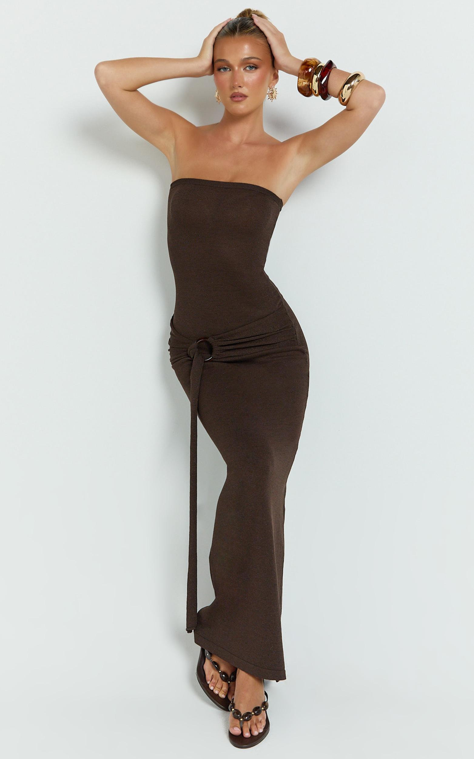 viviana maxi dress - knit strapless tie waist maxi dress in chocolate