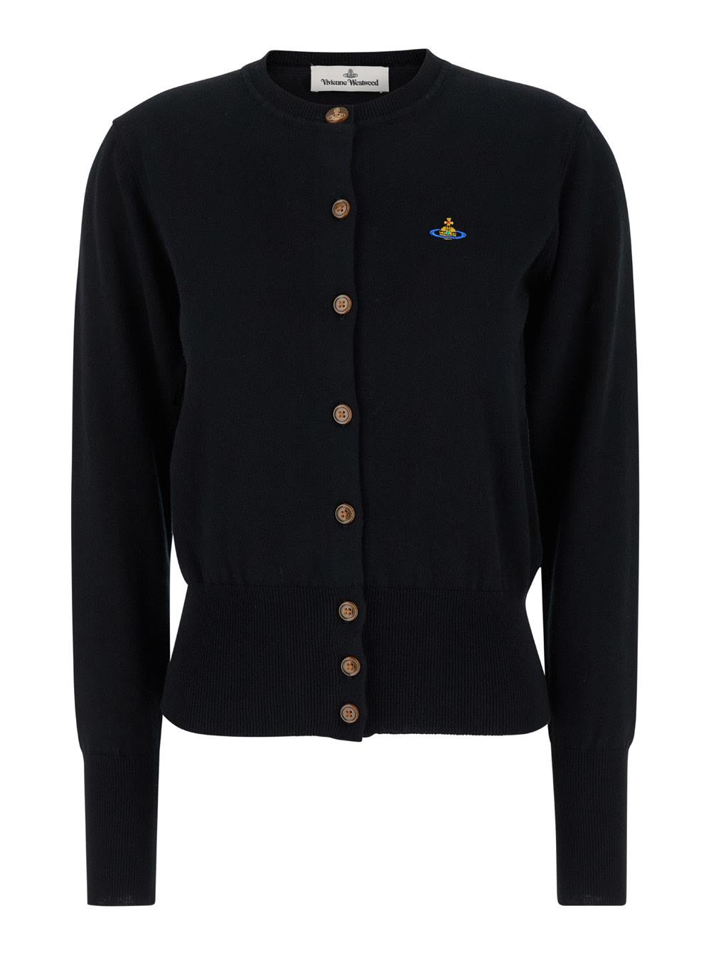 vivienne westwood bea black cardigan with orb embroidery and branded button in cotton and cashmere woman