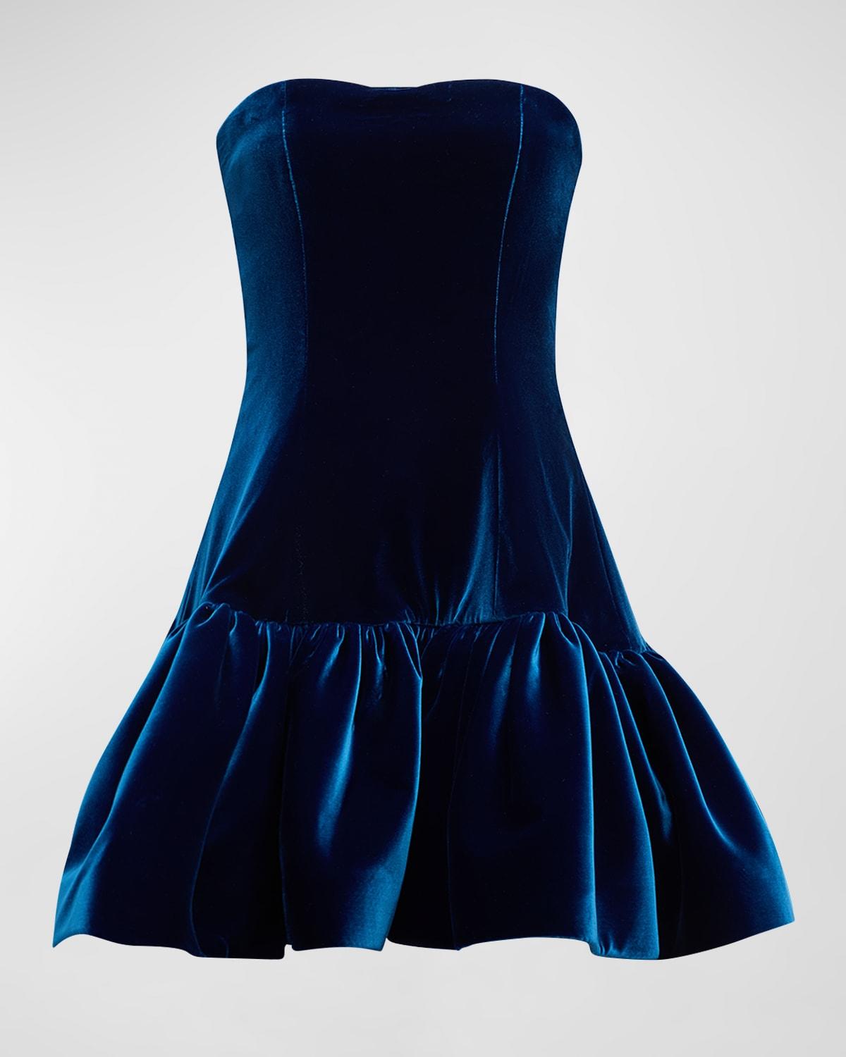 volant strapless velvet mini dress