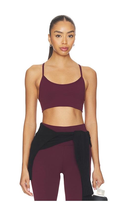 vuori all the feels bra in burgundy.