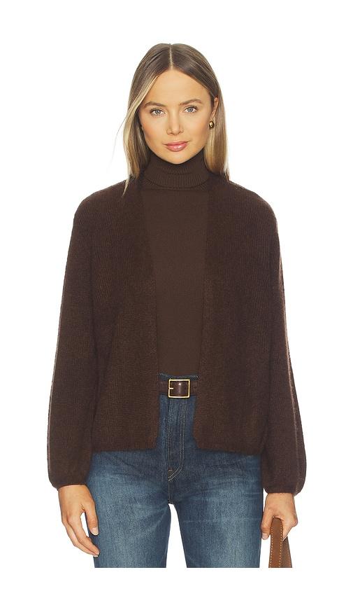 w. cashmere juniper balloon-sleeve open cardigan in chocolate.