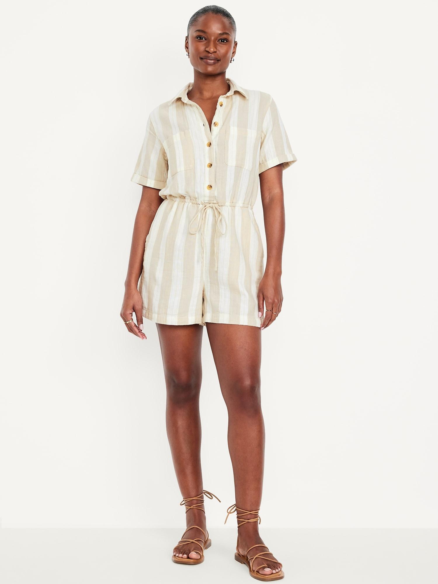 waist-defined crinkle gauze romper