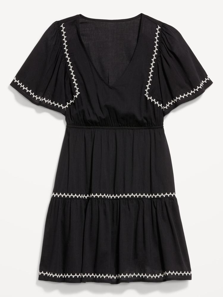 waist-defined embroidered mini dress