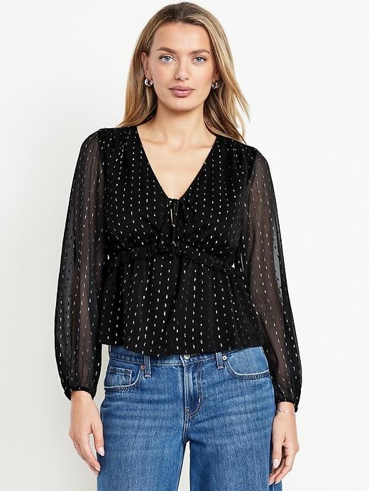 waist-defined ruffle-trim clip-dot top