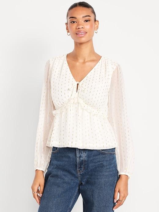 waist-defined ruffle-trim clip-dot top