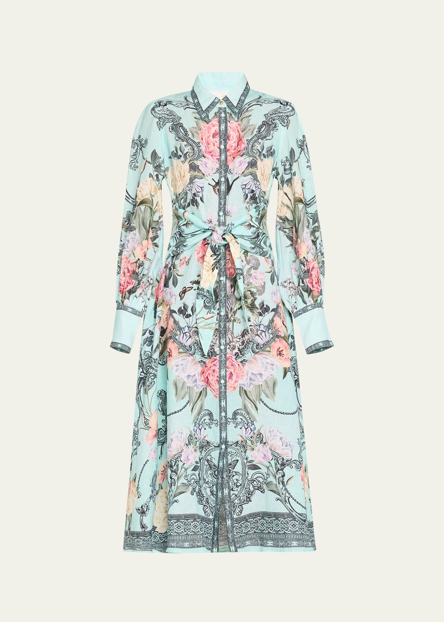 waist-tie floral linen maxi shirtdress